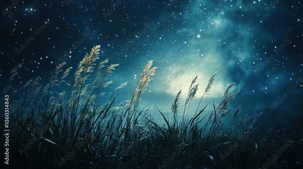 A field of tall grass illuminated by moonlight and a starry sky. A field of tall grass illuminated by moonlight and a starry sky.