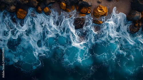 Ocean Waves and Rocks Aeria...