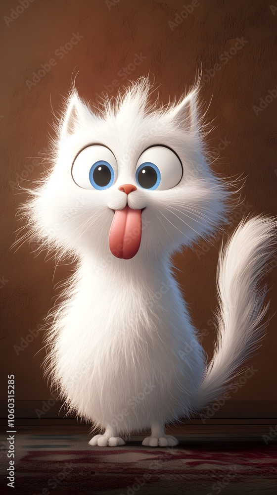Fototapeta premium A cute white cat with blue eyes, tongue out and smiling