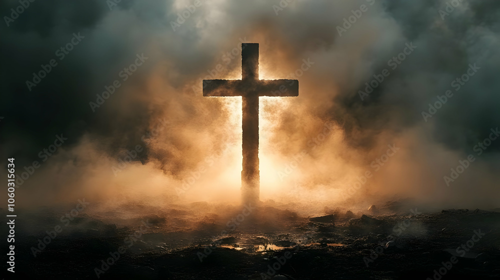 Stone Cross In Misty Landscape Illustration Stone Cross In Misty Landscape Illustration