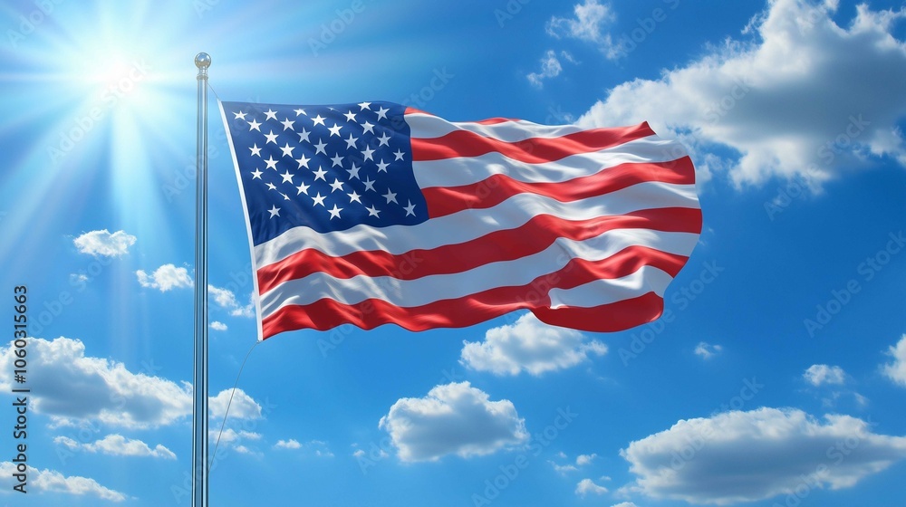 Naklejka premium Large American flag glowing from backlight from the sun, against cloudy sky 