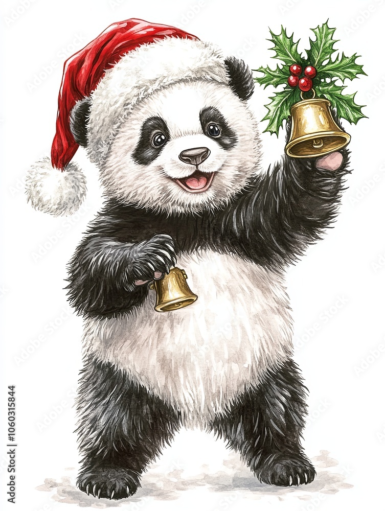 Festive panda celebrating Christmas with bells and holly Festive panda celebrating Christmas with bells and holly