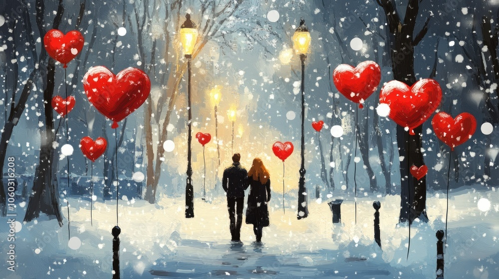 Obraz premium Couple strolling through snow-filled park surrounded by red heart balloons, cozy winter romance, Valentine Day scene.