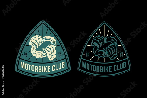 skull hand holding gear engine retro badge logo design for garage, spare part, extreme sport. hand skeleton holding cogwheel steel emblem logo collection for racer, motorcycle, rider, mechanic 