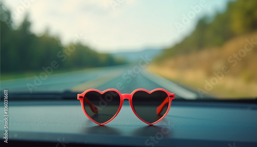 Heart-shaped sunglasses resting on a car dashboard with a blurred road view in the background photo