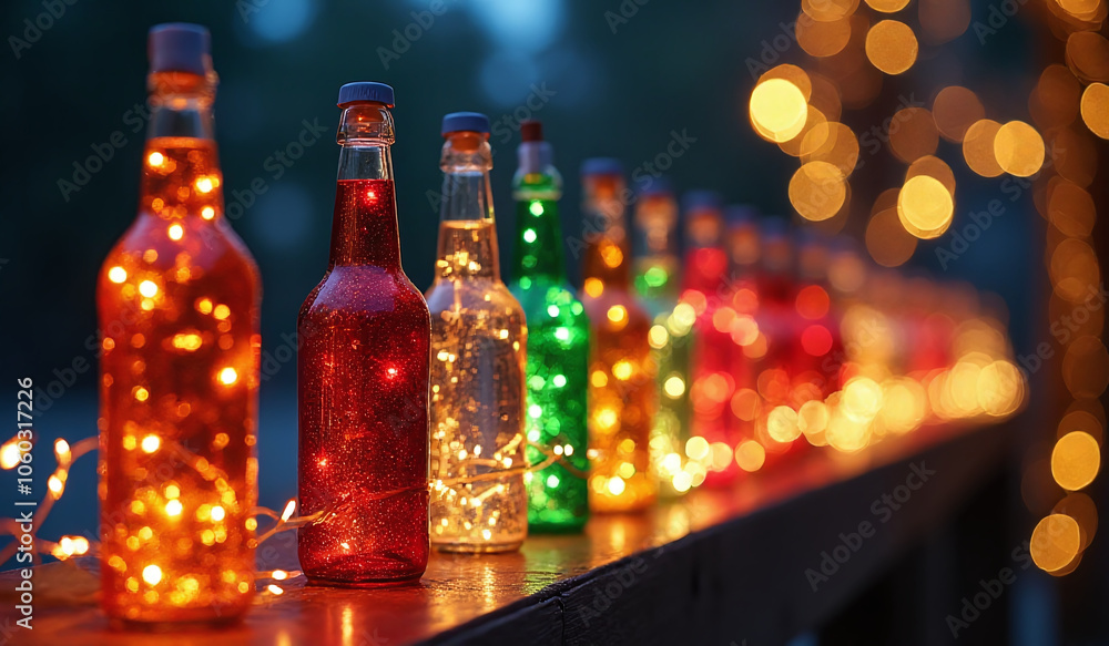 festive bottles shine brightly outdoors christmas decorations nearby every year festive bottles shine brightly outdoors christmas decorations nearby every year