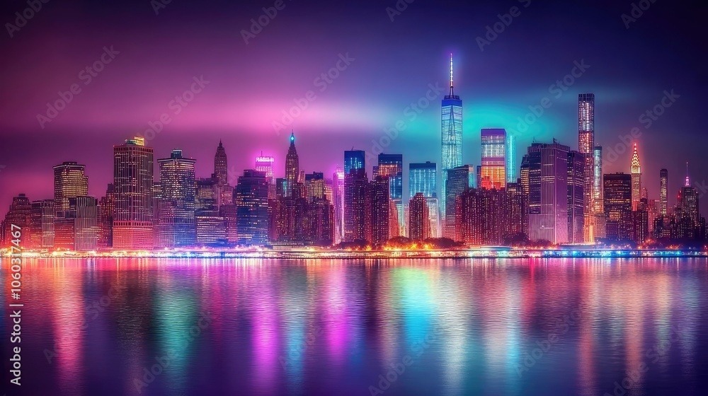 Fototapeta premium Dusk view of Manhattan skyline, vibrant city lights, river reflecting colors, evening charm.