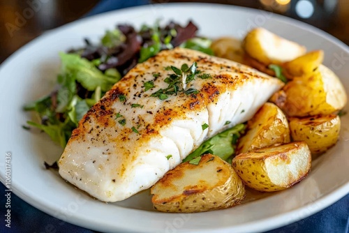 A delicious plate featuring grilled fish, roasted potatoes, and a fresh salad.