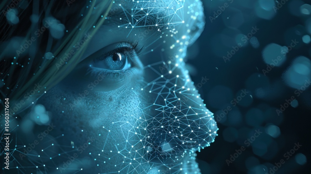 Close-up of a woman's face with a digital network overlay, representing concepts of technology, connection, and the future. Close-up of a woman's face with a digital network overlay, representing concepts of technology, connection, and the future.
