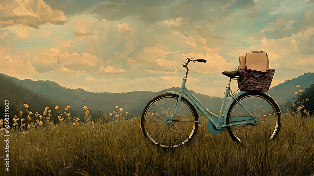 Obraz premium Blue Bicycle in a Field of Flowers