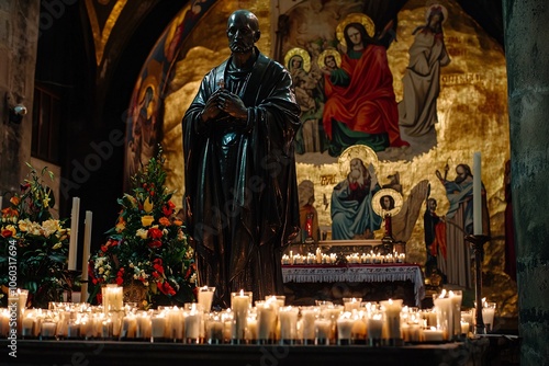 The statue of Saint Maximilian Kolbe, framed by candles and religious icons, gracefully embodies sacrifice and devotion in a serene setting. photo