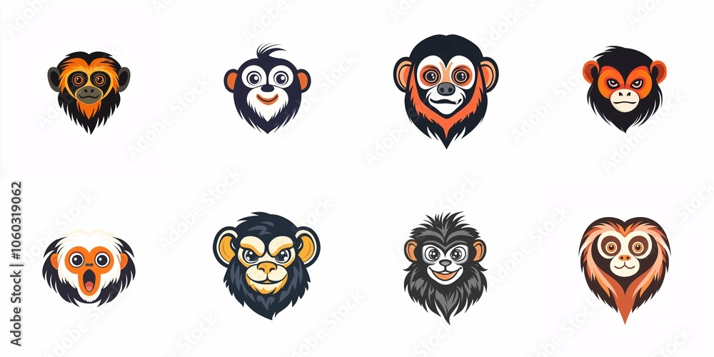 A playful logo collection showcasing a stylized tamarin monkey with whimsical facial features on a crisp white backdrop. A playful logo collection showcasing a stylized tamarin monkey with whimsical facial features on a crisp white backdrop.