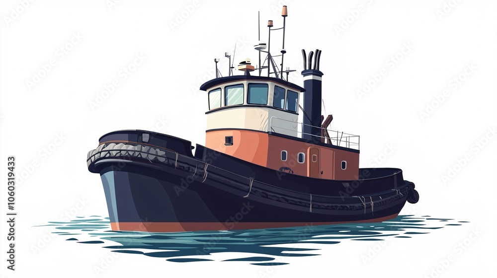 Obraz premium Classic tugboat illustration in front view, ideal for marine-themed designs on a white background.