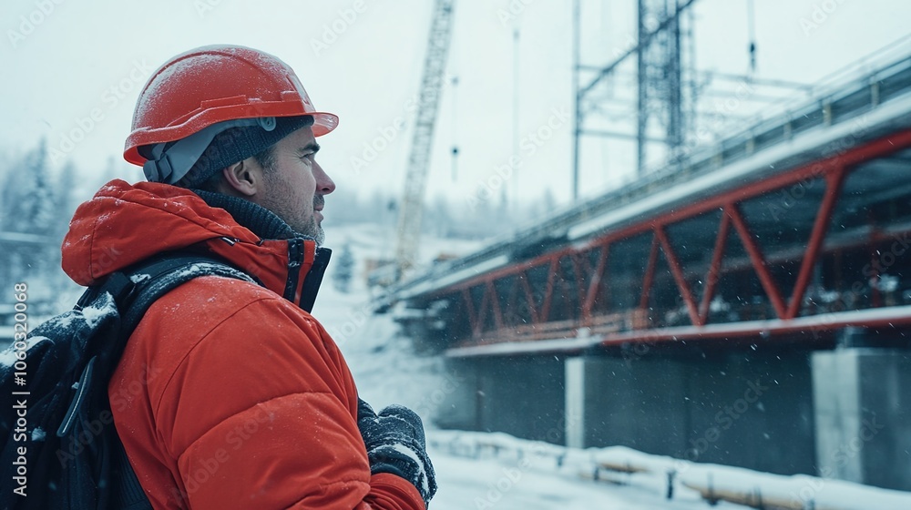 Photo of a construction worker in an orange uniform with a helmet, standing on a bridge during a snowstorm, with a construction site visible in the background Photo of a construction worker in an orange uniform with a helmet, standing on a bridge during a snowstorm, with a construction site visible in the background