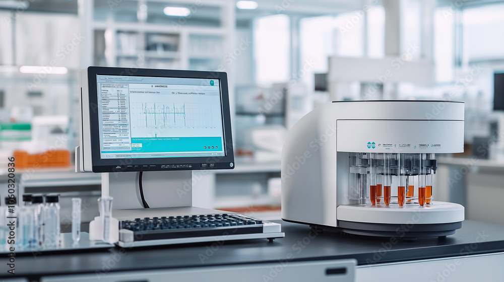 Fototapeta premium High-Tech Laboratory Centrifuge with Data Analysis Screen in Action, Showcasing Precision of Automated Sample Processing in Clinical Research Environment