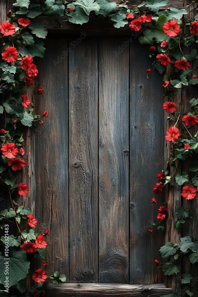 A captivating wooden door framed by vibrant red flowers and lush green leaves inviting nature into your space A captivating wooden door framed by vibrant red flowers and lush green leaves inviting nature into your space