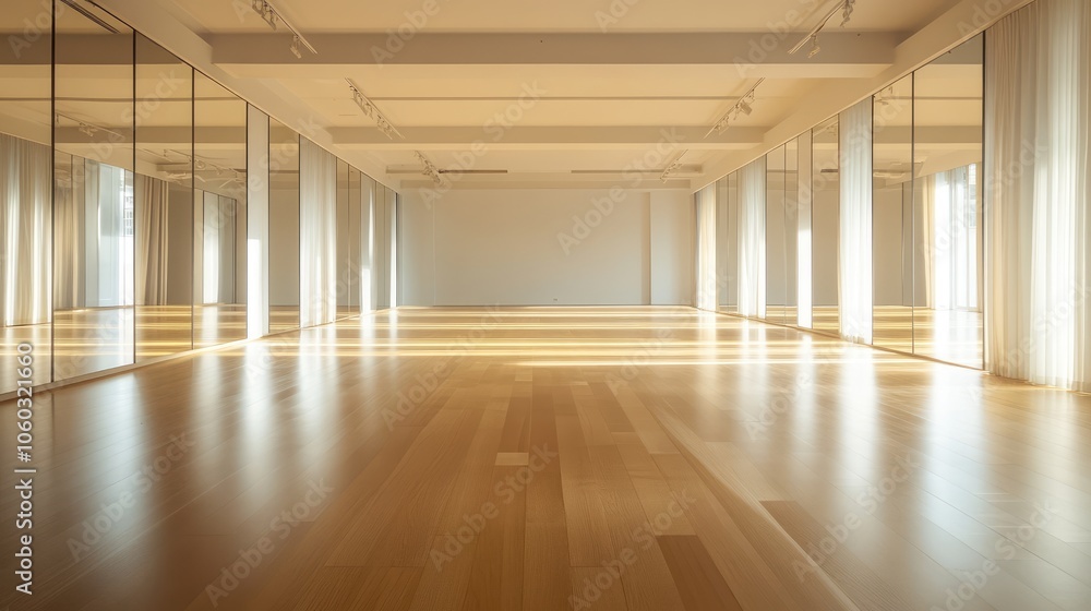 A sleek, modern dance studio with full-length mirrors lining the walls, a polished wooden floor reflecting the light, perfect for dance tutorials or branded content A sleek, modern dance studio with full-length mirrors lining the walls, a polished wooden floor reflecting the light, perfect for dance tutorials or branded content
