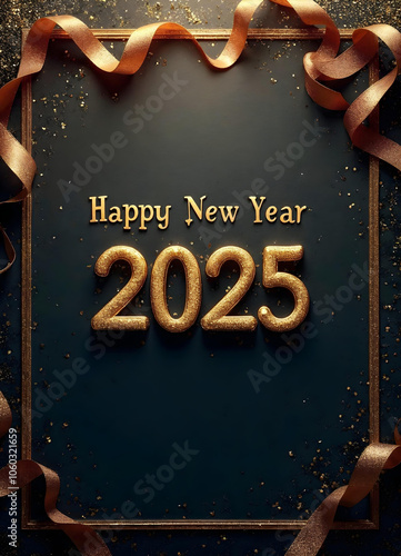 Happy New Year 2025 in elegant dark background with golden ribbons