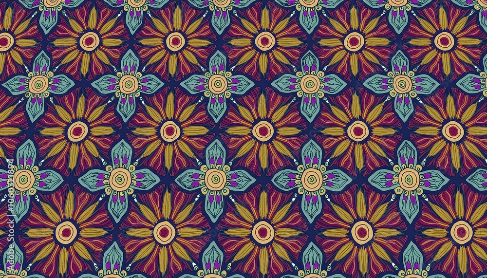 Bohemian Floral Tile Pattern: A vibrant and intricate pattern of colorful flowers on a deep blue background. Perfect for home decor, textile design, wallpaper, and more. Bohemian Floral Tile Pattern: A vibrant and intricate pattern of colorful flowers on a deep blue background. Perfect for home decor, textile design, wallpaper, and more.