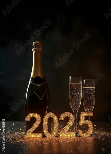 New Year 2025 3D text - Luxury background with champagne and gold glitters