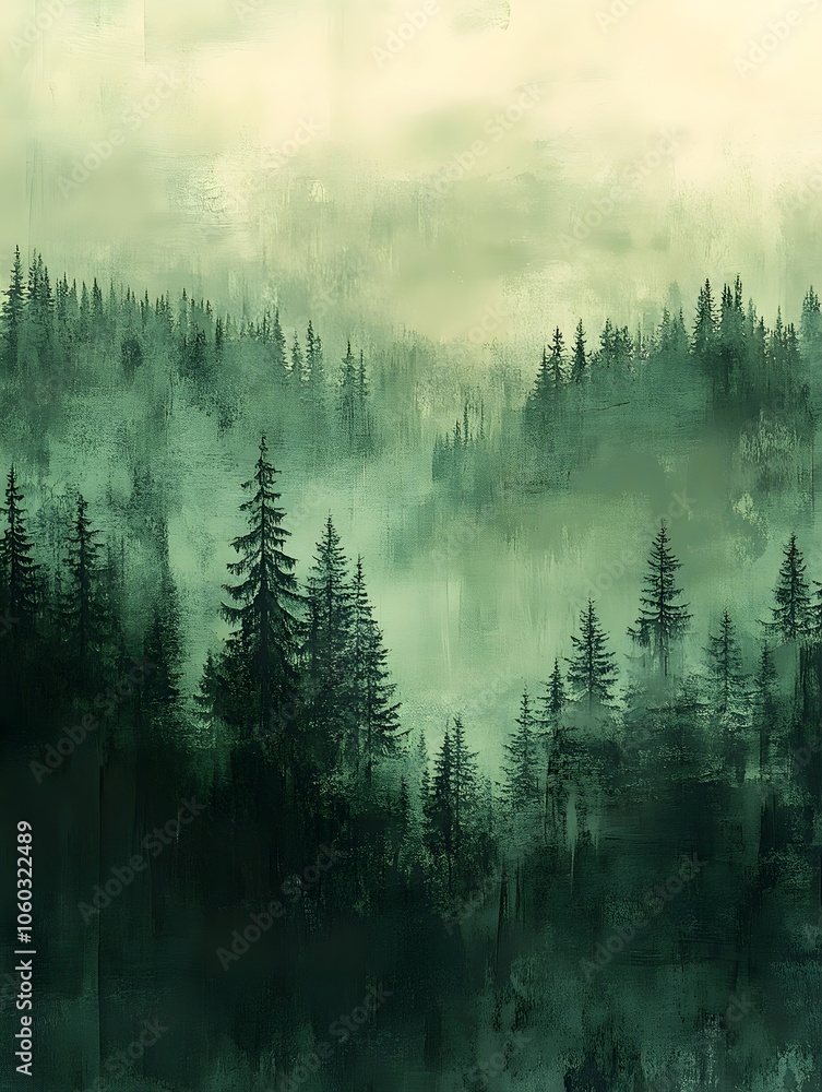 A serene landscape featuring layers of evergreen trees shrouded in mist, evoking a sense of calm and mystery in soft green and muted tones. A serene landscape featuring layers of evergreen trees shrouded in mist, evoking a sense of calm and mystery in soft green and muted tones.