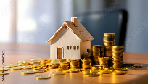 Small house home building model on office table surrounded by stack of gold coins. Real esta photo