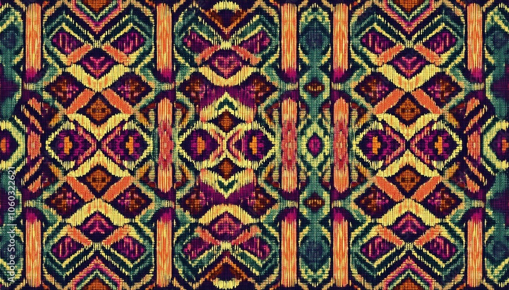 Vibrant Ikat Pattern: A mesmerizing tapestry of colors and intricate patterns, this digital artwork captures the beauty and complexity of traditional Ikat weaving. Vibrant Ikat Pattern: A mesmerizing tapestry of colors and intricate patterns, this digital artwork captures the beauty and complexity of traditional Ikat weaving.