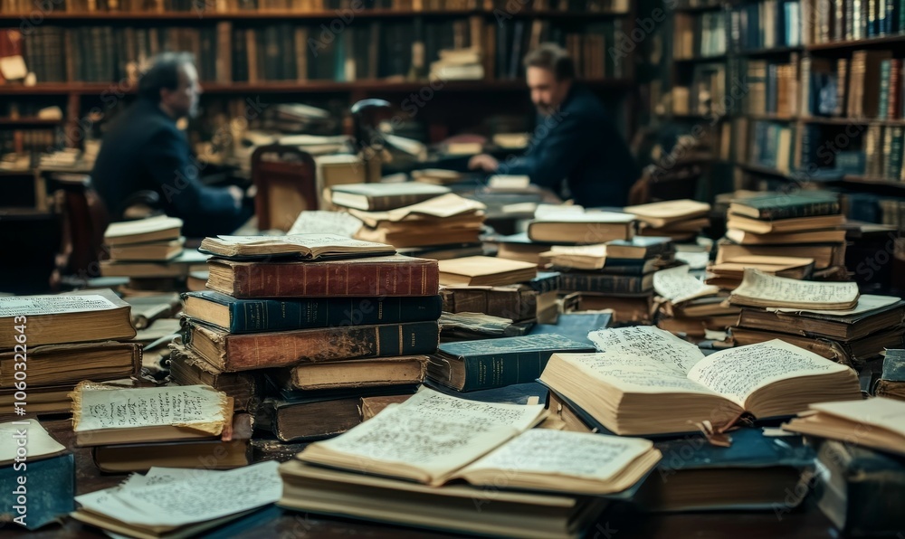A library filled with books, two figures sit amongst the A library filled with books, two figures sit amongst the