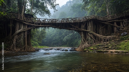 A mesmerizing living roots bridge near Riwai village in Cherrapunjee, Meghalaya, India. The bridge is a natural marvel, formed by intertwining tree roots that have been carefully trained over years photo