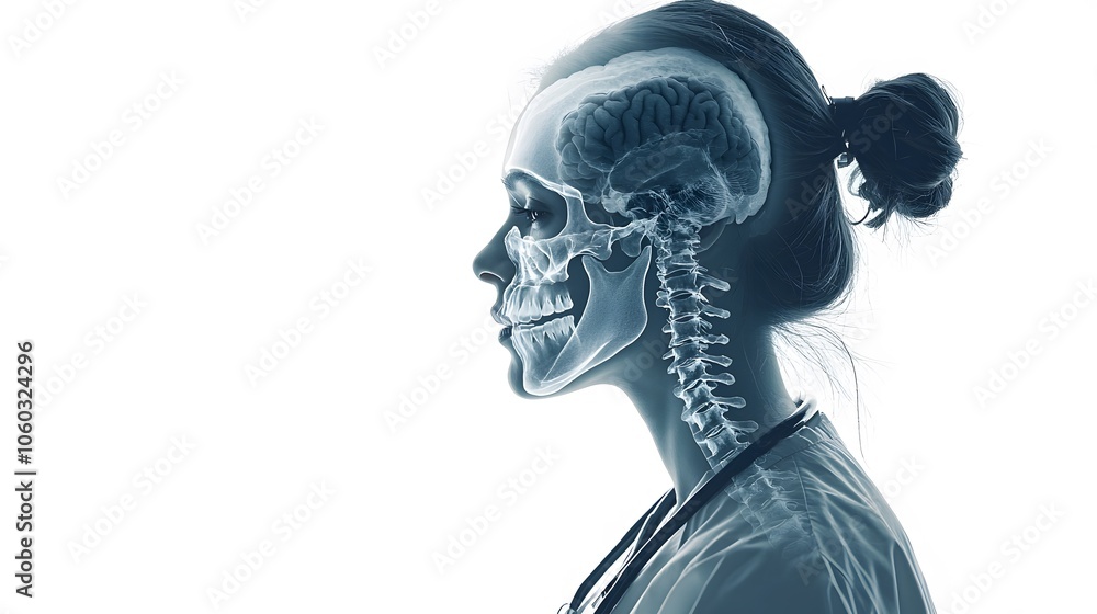 Fototapeta premium nurse double-exposure portrait on the right side, merging with x-ray bones isolated on a white background