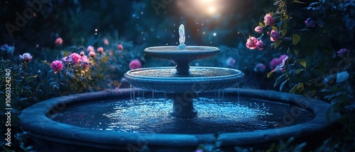 A beautiful night view of a garden fountain surrounded by blooming roses under a starry sky photo