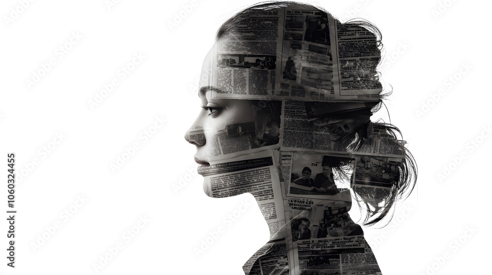 journalist double-exposure portrait on the right side isolated on a white background journalist double-exposure portrait on the right side isolated on a white background