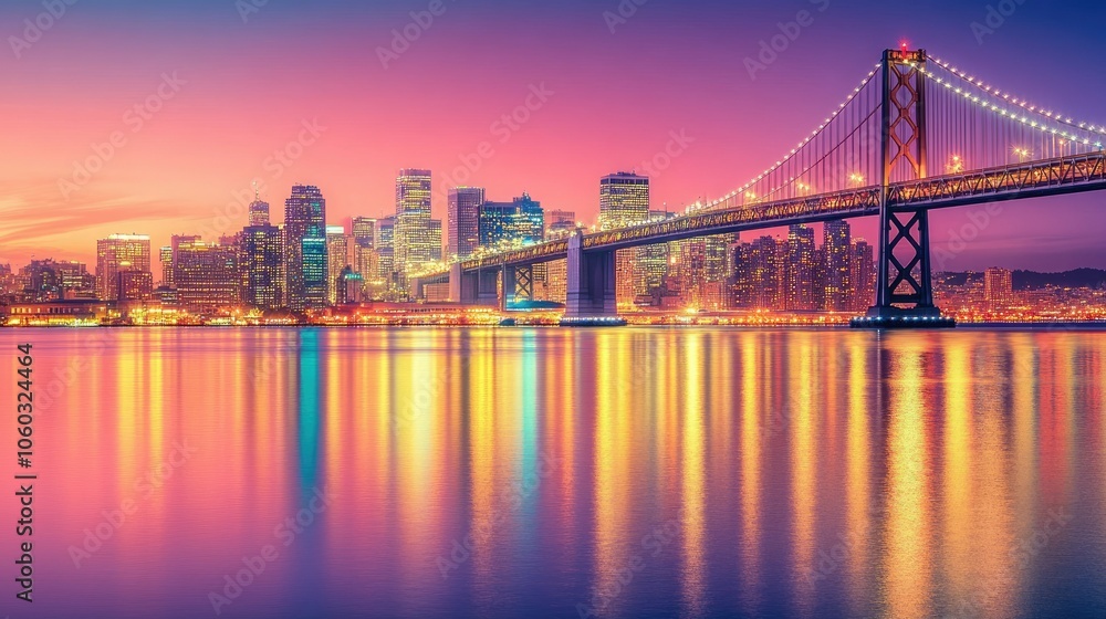 Fototapeta premium Manhattan skyline with shimmering lights at sunset, river reflecting city lights, calm vibe.