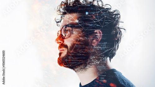 software developer double-exposure portrait  isolated on a white background