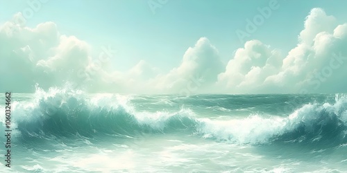 A tranquil seascape featuring gentle waves and fluffy clouds, showcasing a serene blend of turquoise waters and soft sunlight, evoking a sense of calm and relaxation.