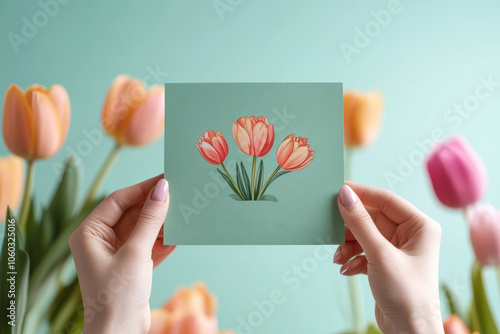 happy womens day greeting card design, female hands holding card. ai generated