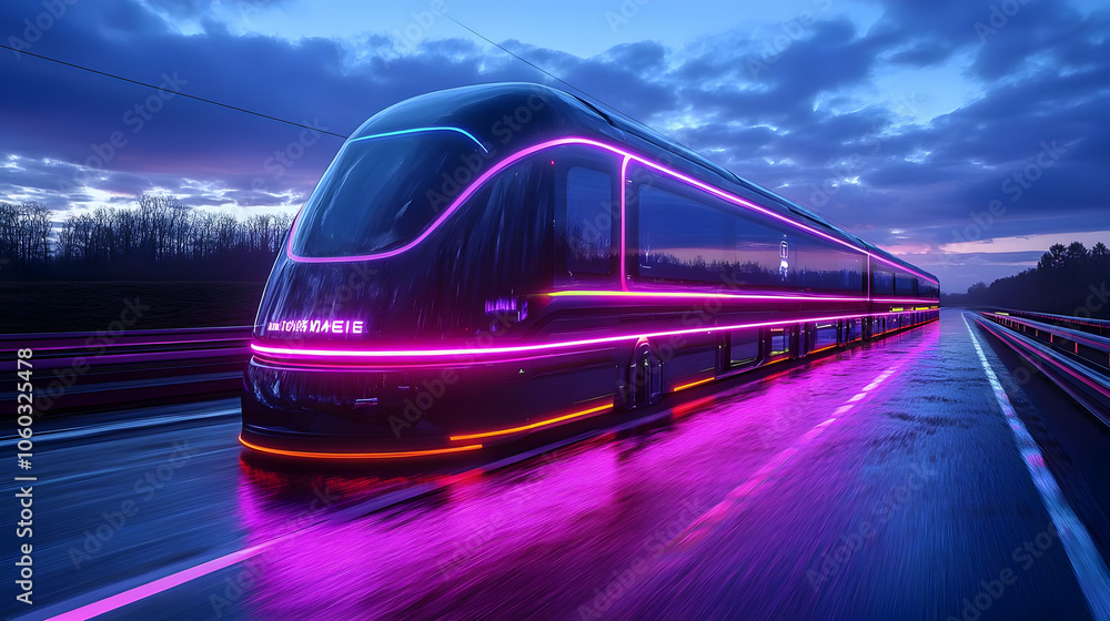 Naklejka premium Futuristic Bus in Neon Lights 3D Illustration
