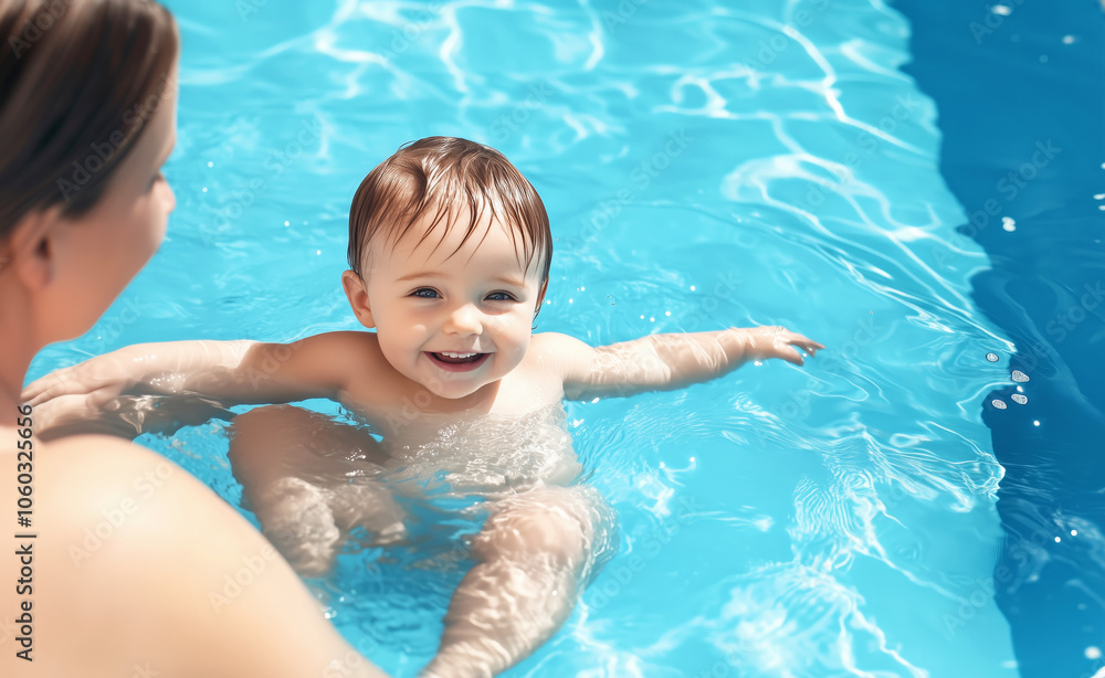A cheerful baby splashes playfully in a sunlit blue pool, held securely by a mother. The bright water reflects light, creating a lively and joyful atmosphere full of warmth. A cheerful baby splashes playfully in a sunlit blue pool, held securely by a mother. The bright water reflects light, creating a lively and joyful atmosphere full of warmth.