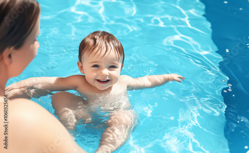 A cheerful baby splashes pl...