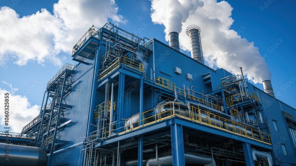 Steam rising from fuel refinery plant during peak operation, clean and organized industrial space Steam rising from fuel refinery plant during peak operation, clean and organized industrial space