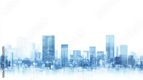 A modern city skyline rendered in soft blue tones, creating a serene and artistic urban landscape.