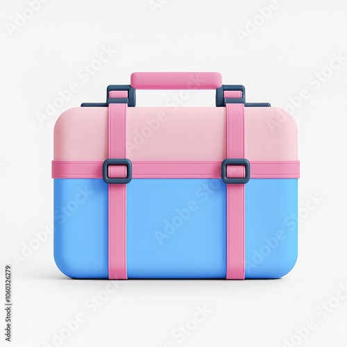 A colorful, stylized suitcase with straps, suitable for travel or storage. photo