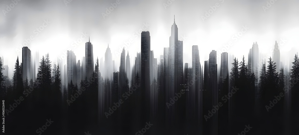 Fototapeta premium A dramatic silhouette of a city skyline against a misty forest backdrop, creating an atmospheric contrast with shades of gray and light illuminating the buildings.