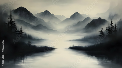 Misty Mountain Lake Illustr...