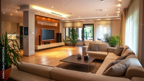 Modern living area with tasteful decor, wooden flooring, and sleek furniture, featuring a neutral palette.