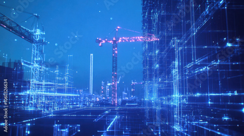 A futuristic urban scene with glowing blue digital structures and a construction crane, symbolizing advanced technology and city building.