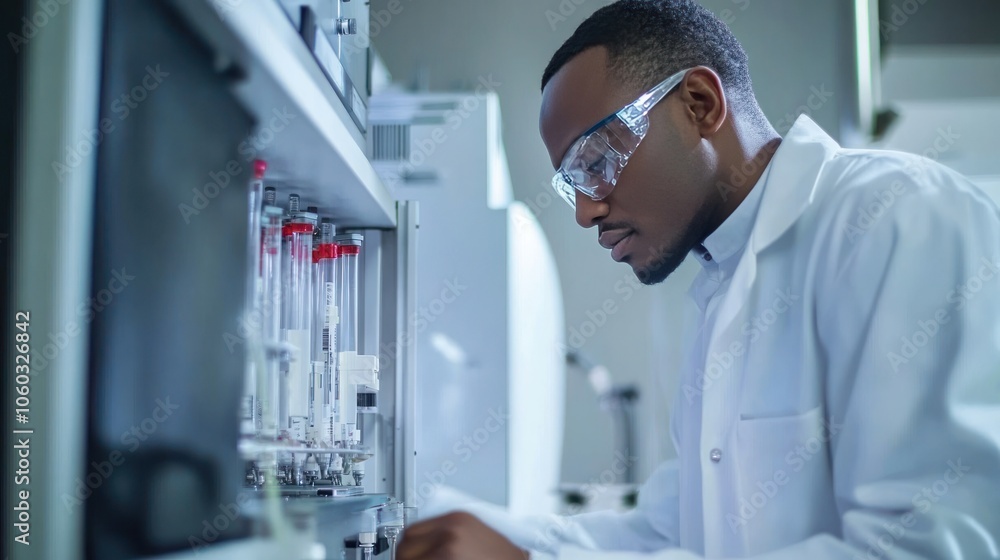 Scientist in a modern fuel lab analyzing biofuel samples, advanced technology surrounding the research Scientist in a modern fuel lab analyzing biofuel samples, advanced technology surrounding the research