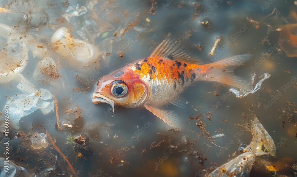 Dead goldfish in murky water. Dead goldfish in murky water.