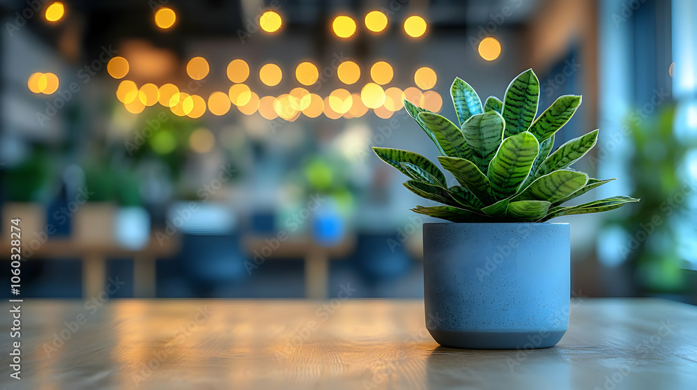 Fototapeta premium Green Plant in a Pot on a Wooden Table, Illustration