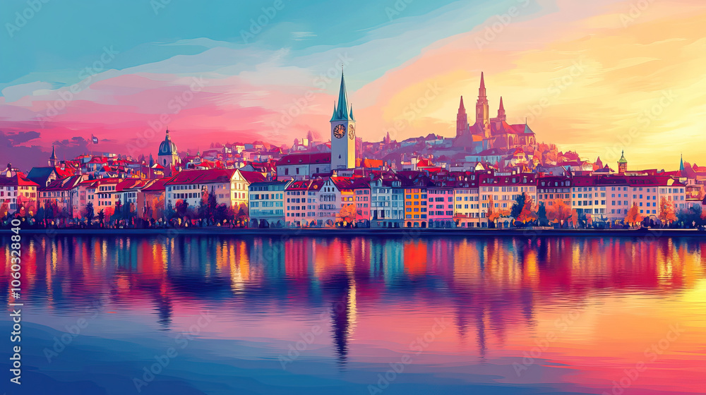 Naklejka premium Basel, Switzerland, Pop Art style theme print. Cityscape, city skyline.Vibrant, bright, modern, trendy, graphic designed for poster, card, wallpaper